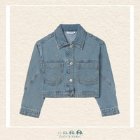 Front view of Mayoral Youth Girls 100% cotton denim jacket with functional pockets and button closure | Canada