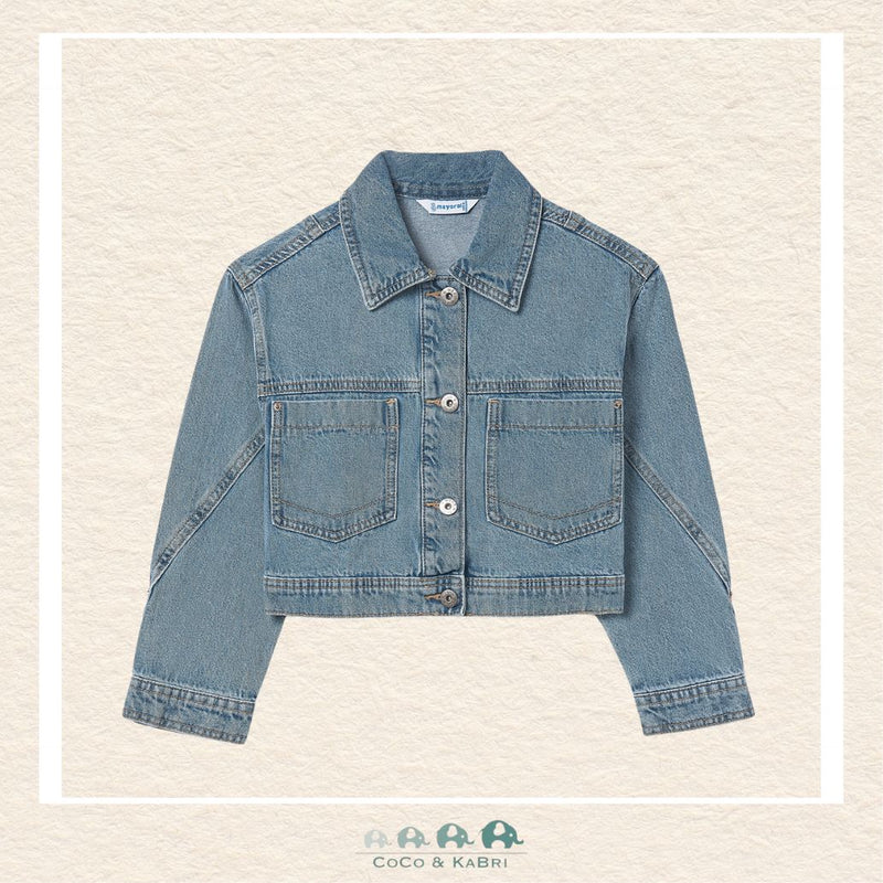 Front view of Mayoral Youth Girls 100% cotton denim jacket with functional pockets and button closure | Canada