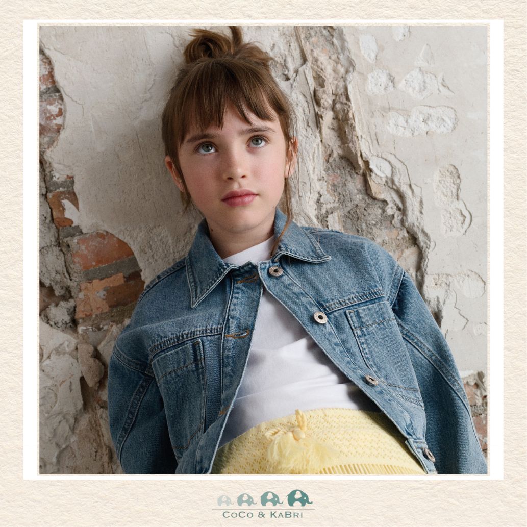 Mayoral Youth Girls Denim Jacket in classic blue wash on model showing the sophisticated, tailored fit | Canada