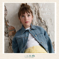 Mayoral Youth Girls Denim Jacket in classic blue wash on model showing the sophisticated, tailored fit | Canada