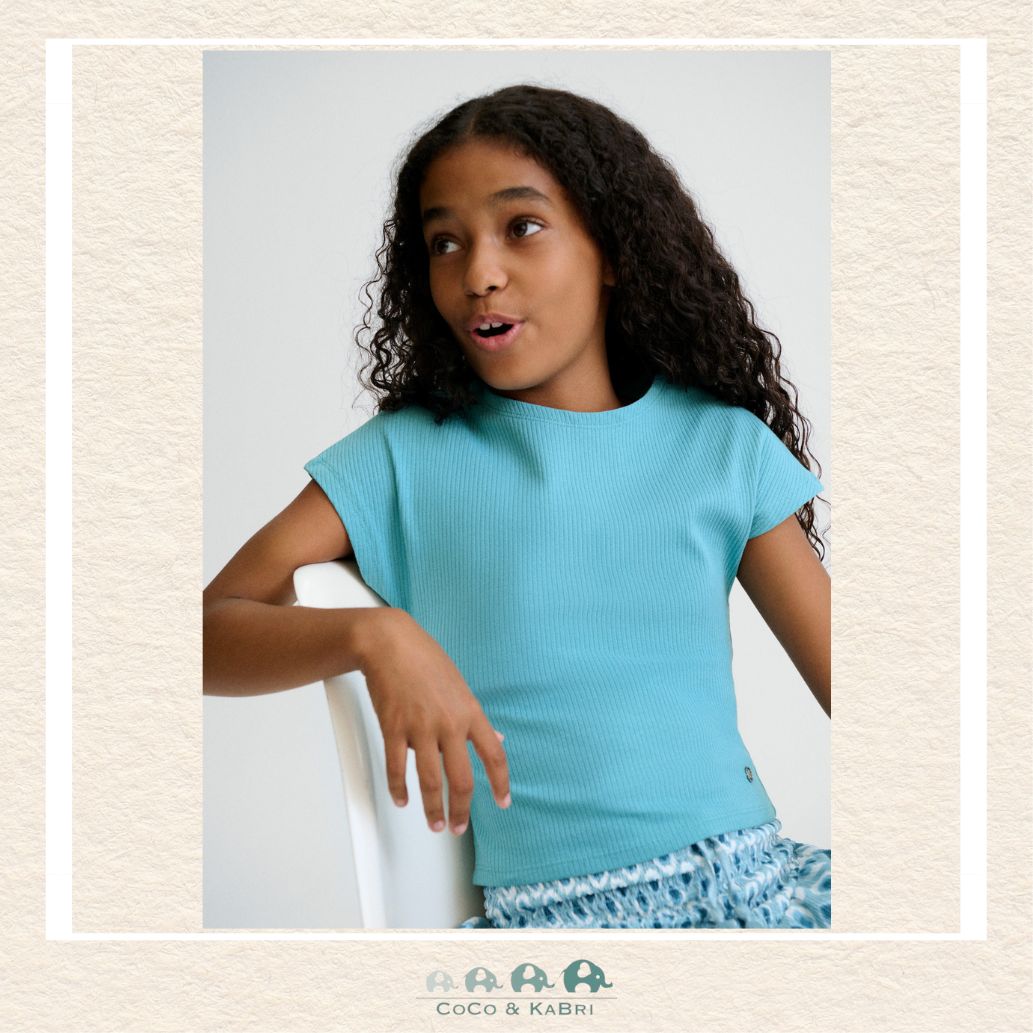 Mayoral Youth Girls Jade Shirt on model showing the vibrant color and comfortable short-sleeve fit | Canada