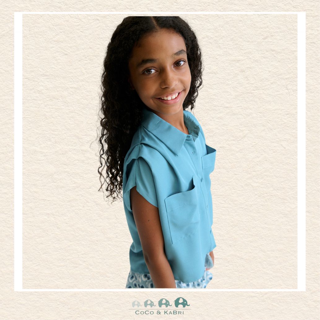 Mayoral Youth Girls Jade Sleeveless Blouse on model showing the elegant drape and vibrant green color | Canada