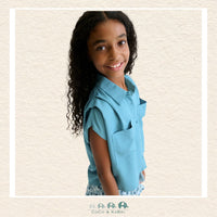 Mayoral Youth Girls Jade Sleeveless Blouse on model showing the elegant drape and vibrant green color | Canada