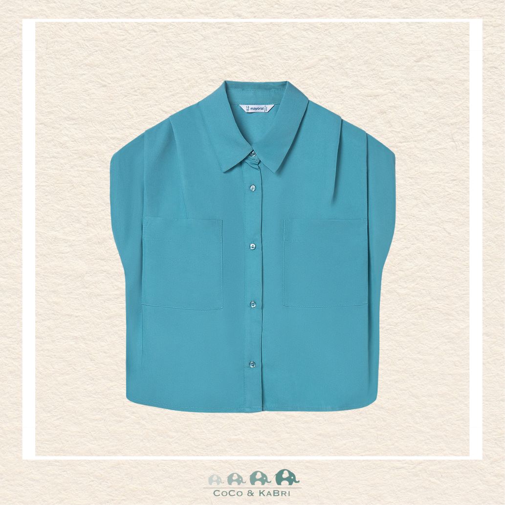Front view of Mayoral girls jade green sleeveless blouse in a soft, breathable viscose blend | Canada