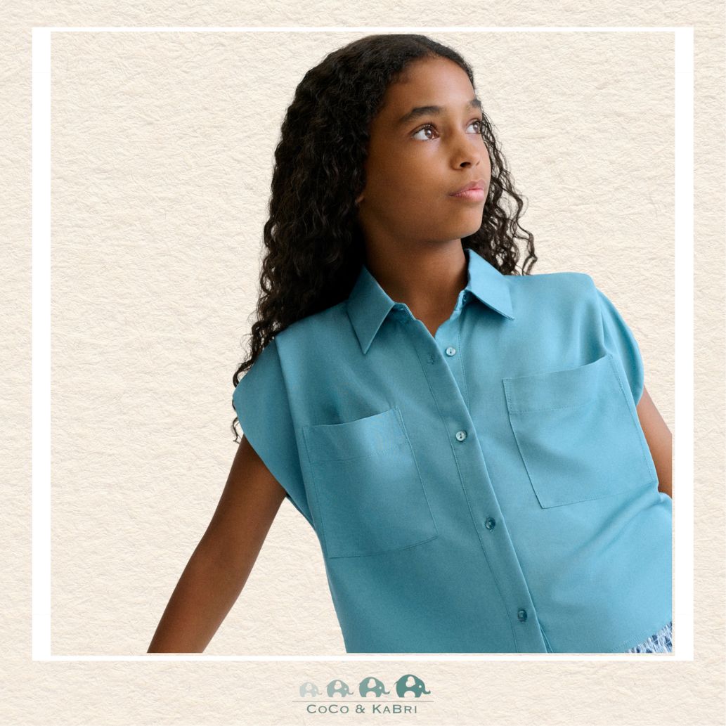 Mayoral Youth Girls Jade Sleeveless Blouse on model showing the elegant drape and vibrant green color | Canada