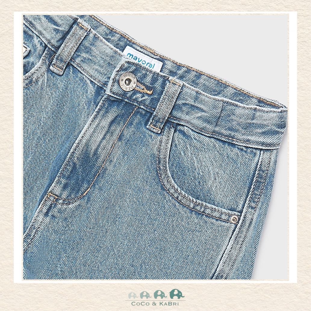 Close-up of Mayoral wide leg denim fabric showing the high-quality 100% cotton weave | Canada