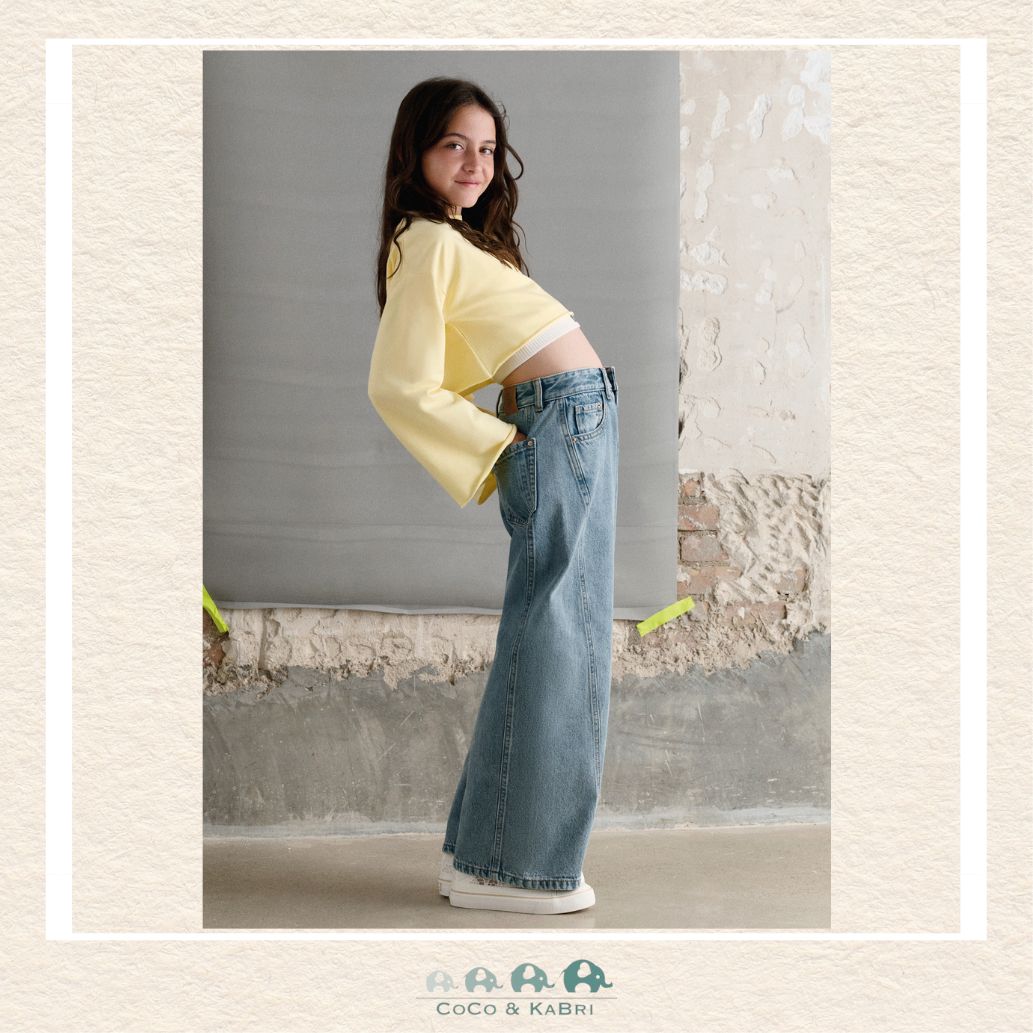 On-model view of Mayoral Youth Girls Wide Leg Denim jeans in authentic 100% premium cotton | Canada