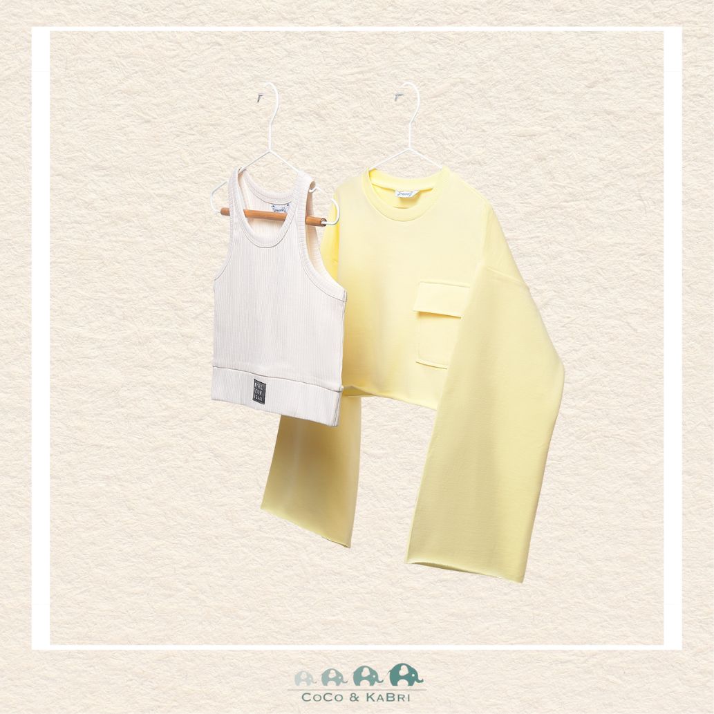 Front view of Mayoral girls yellow pullover set featuring a soft cotton-stretch blend in sizes 8-18 | Canada