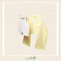 Front view of Mayoral girls yellow pullover set featuring a soft cotton-stretch blend in sizes 8-18 | Canada