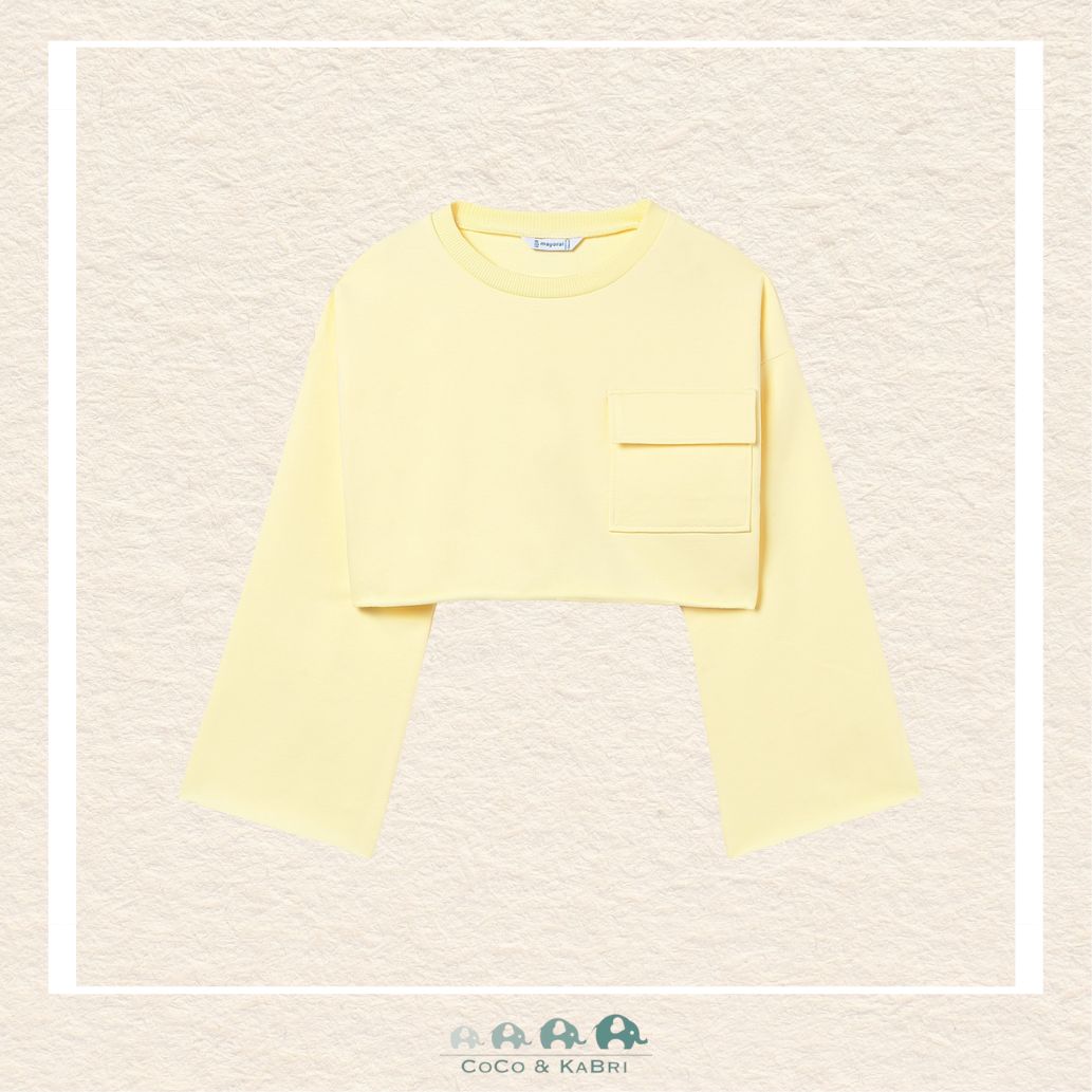 Front view of Mayoral girls yellow pullover featuring a soft cotton-stretch blend in sizes 8-18 | Canada