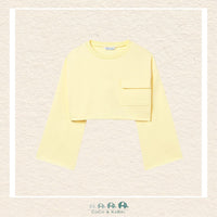 Front view of Mayoral girls yellow pullover featuring a soft cotton-stretch blend in sizes 8-18 | Canada