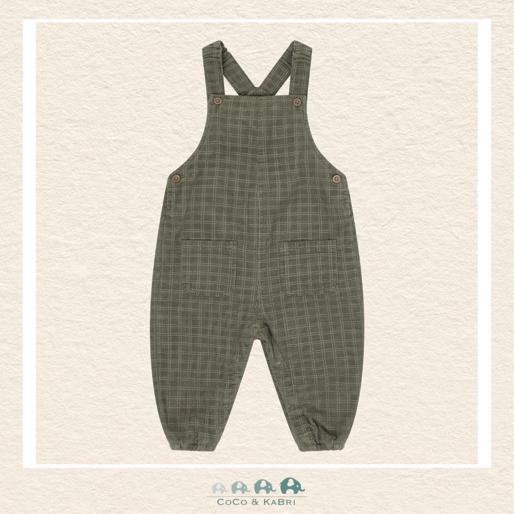 Front view of the Minymo Baby Boys Corduroy Overalls in a rich forest green featuring adjustable shoulder straps, classic metal hardware, and a soft 100% cotton woven texture