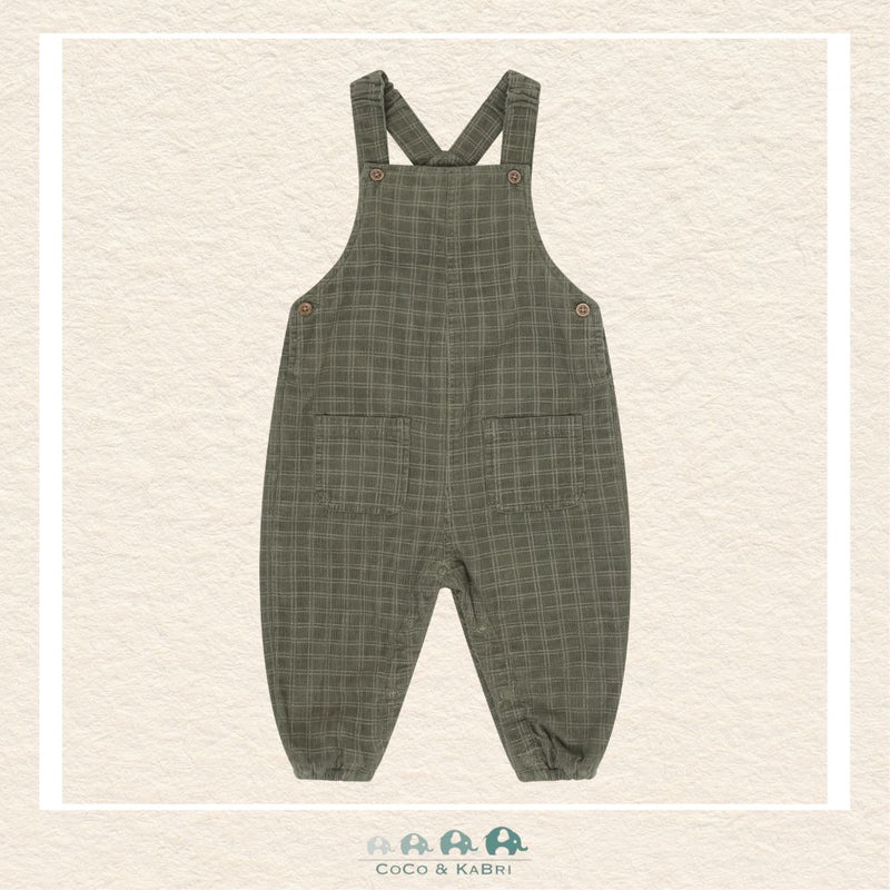 Front view of the Minymo Baby Boys Corduroy Overalls in a rich forest green featuring adjustable shoulder straps, classic metal hardware, and a soft 100% cotton woven texture