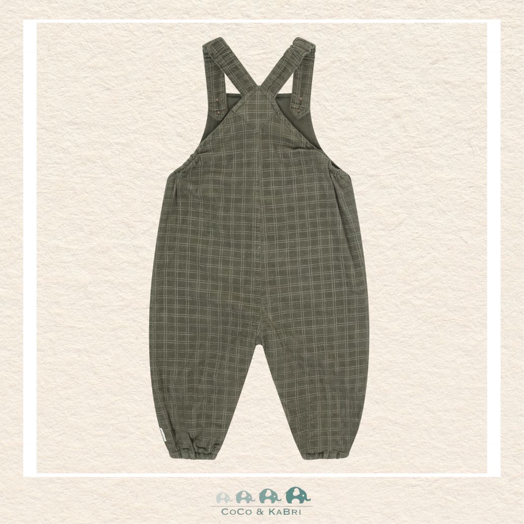 Back view of the Minymo Green Corduroy Overalls showing the sturdy cross-back strap design and the durable woven construction tailored for active infants and toddlers
