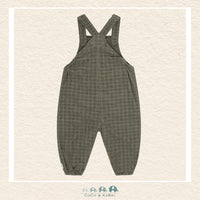 Back view of the Minymo Green Corduroy Overalls showing the sturdy cross-back strap design and the durable woven construction tailored for active infants and toddlers