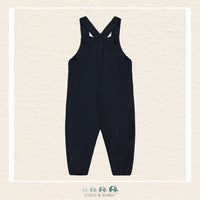 Back view of the Minymo Dark Sapphire Overalls showing the sturdy cross-back strap design and the high-quality 100% cotton-woven construction tailored for infants