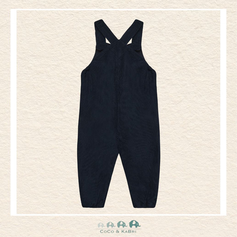 Back view of the Minymo Dark Sapphire Overalls showing the sturdy cross-back strap design and the high-quality 100% cotton-woven construction tailored for infants
