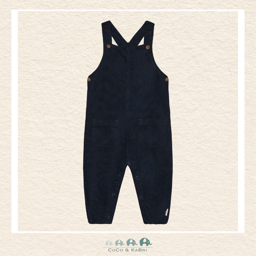 Front view of the Minymo Baby Boys Corduroy Overalls in Dark Sapphire navy featuring fine-wale cotton ribs, adjustable shoulder straps, and classic front bib styling