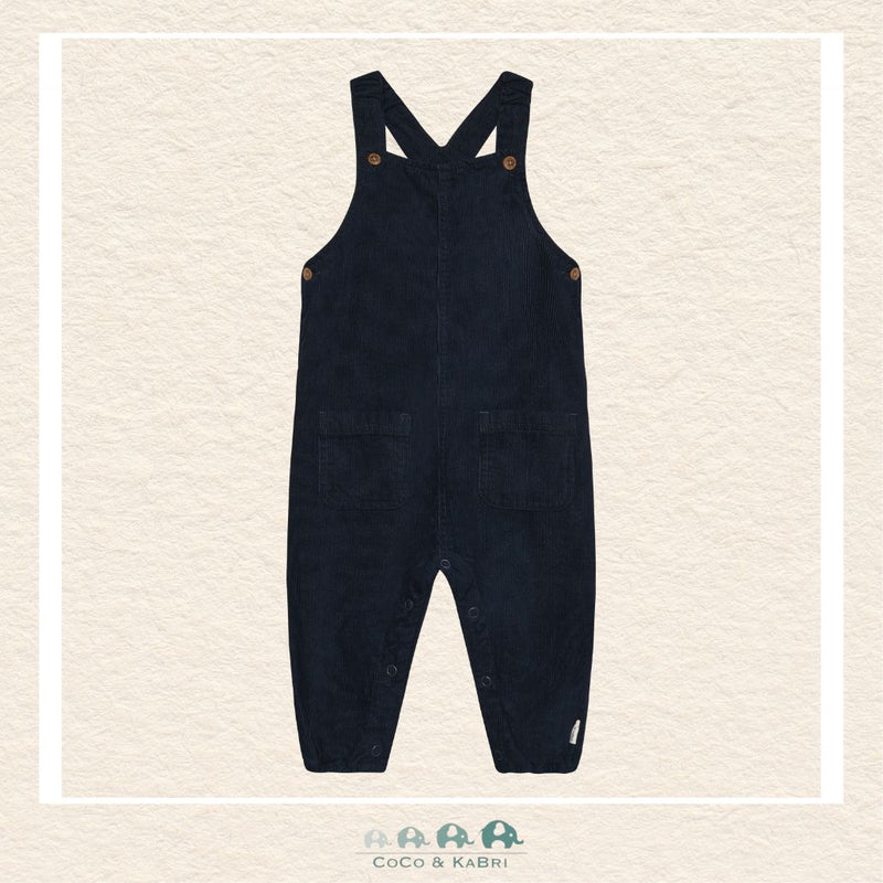 Front view of the Minymo Baby Boys Corduroy Overalls in Dark Sapphire navy featuring fine-wale cotton ribs, adjustable shoulder straps, and classic front bib styling
