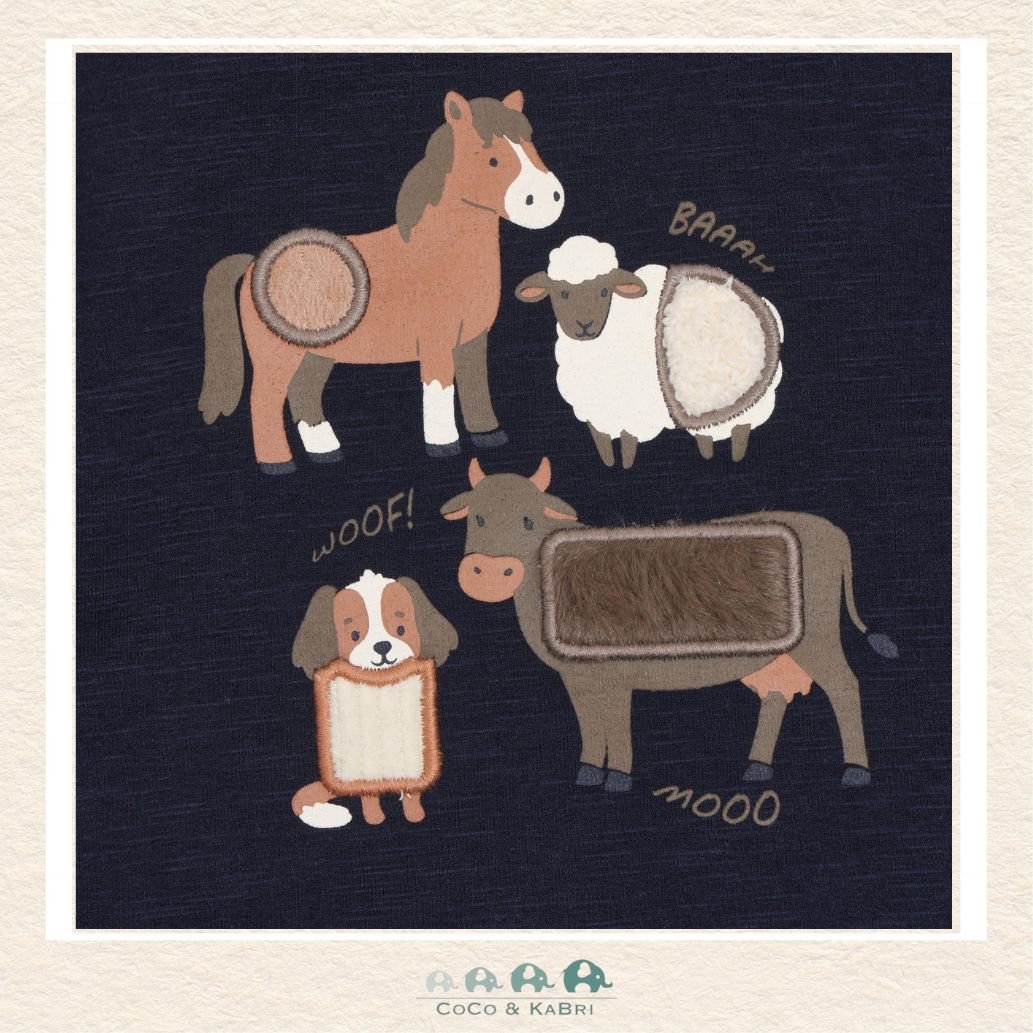 Close-up detail of the Minymo Sweatshirt highlighting the playful farm animal illustrations and the soft, breathable texture of the Dark Sapphire knit
