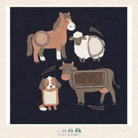 Close-up detail of the Minymo Sweatshirt highlighting the playful farm animal illustrations and the soft, breathable texture of the Dark Sapphire knit