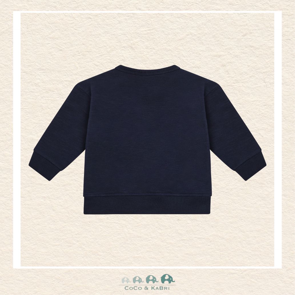 Back view of the Minymo Baby Boy Farm Animal Sweatshirt showing the clean stitching and the deep, rich Dark Sapphire colorway