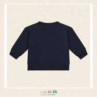 Back view of the Minymo Baby Boy Farm Animal Sweatshirt showing the clean stitching and the deep, rich Dark Sapphire colorway