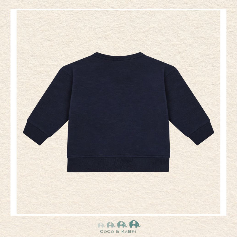 Back view of the Minymo Baby Boy Farm Animal Sweatshirt showing the clean stitching and the deep, rich Dark Sapphire colorway