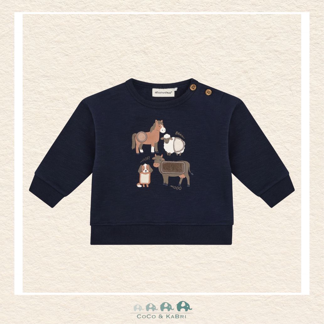 Front view of the Minymo Baby Boy Sweatshirt in Dark Sapphire featuring a charming farm animal print including a cow, horse, dog and sheep on a soft knit background