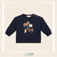 Front view of the Minymo Baby Boy Sweatshirt in Dark Sapphire featuring a charming farm animal print including a cow, horse, dog and sheep on a soft knit background