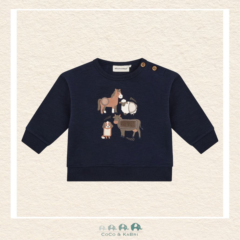 Front view of the Minymo Baby Boy Sweatshirt in Dark Sapphire featuring a charming farm animal print including a cow, horse, dog and sheep on a soft knit background