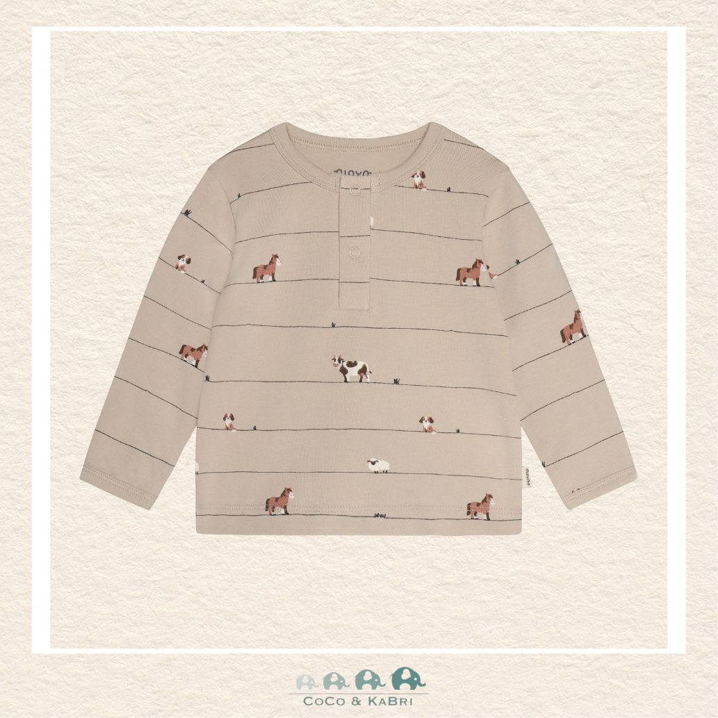 Front view of the Minymo Baby Boy Long Sleeve T-Shirt in Feather Gray featuring a charming farm animal scene with cows and sheep on a soft jersey background