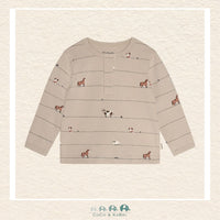 Front view of the Minymo Baby Boy Long Sleeve T-Shirt in Feather Gray featuring a charming farm animal scene with cows and sheep on a soft jersey background