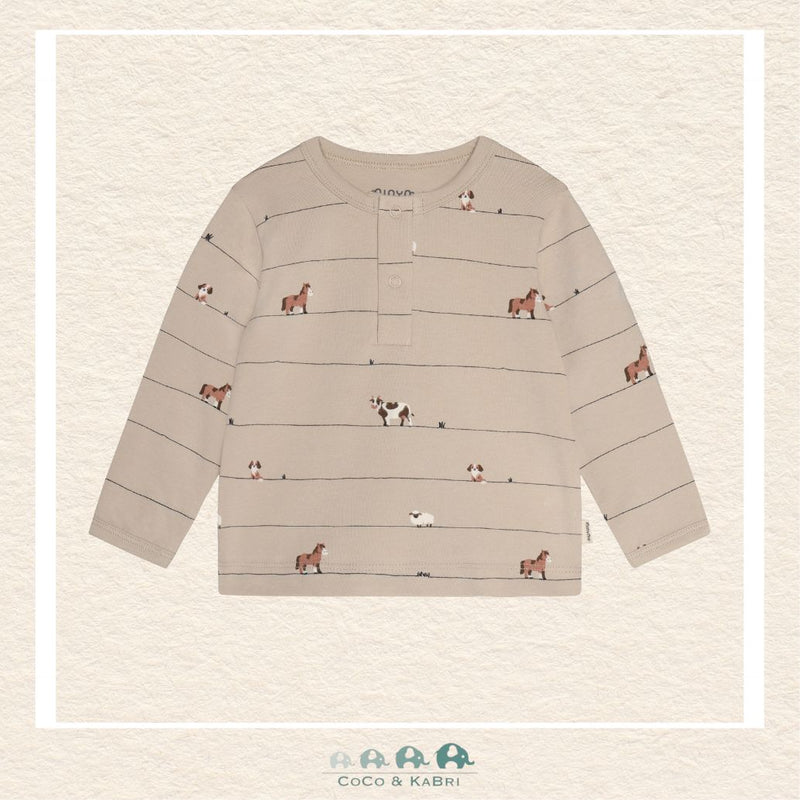 Front view of the Minymo Baby Boy Long Sleeve T-Shirt in Feather Gray featuring a charming farm animal scene with cows and sheep on a soft jersey background