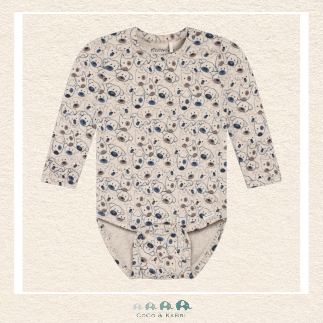 Front view of the Minymo Baby Boy Diaper Shirt featuring a charming puppy face graphic and a comfortable envelope-style neckline for easy dressing