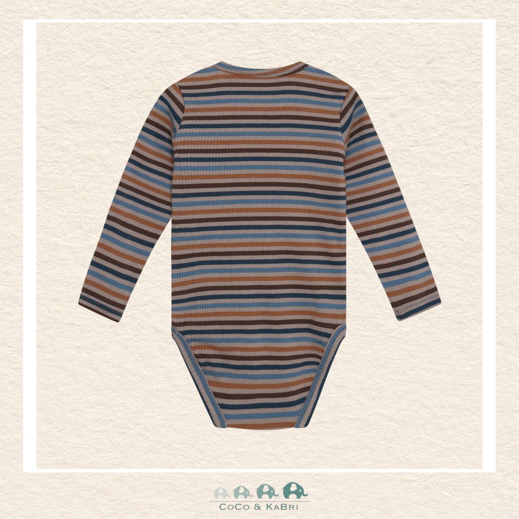 Flat lay of the Minymo Striped Bodysuit demonstrating the high-quality knit texture and the timeless, nautical-inspired design