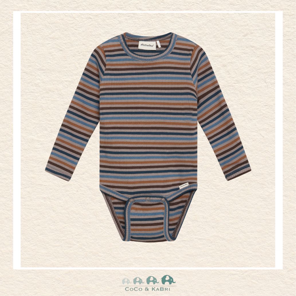 Front view of the Minymo Baby Boy Striped Diaper Shirt featuring a classic horizontal stripe pattern and a comfortable envelope-style neckline