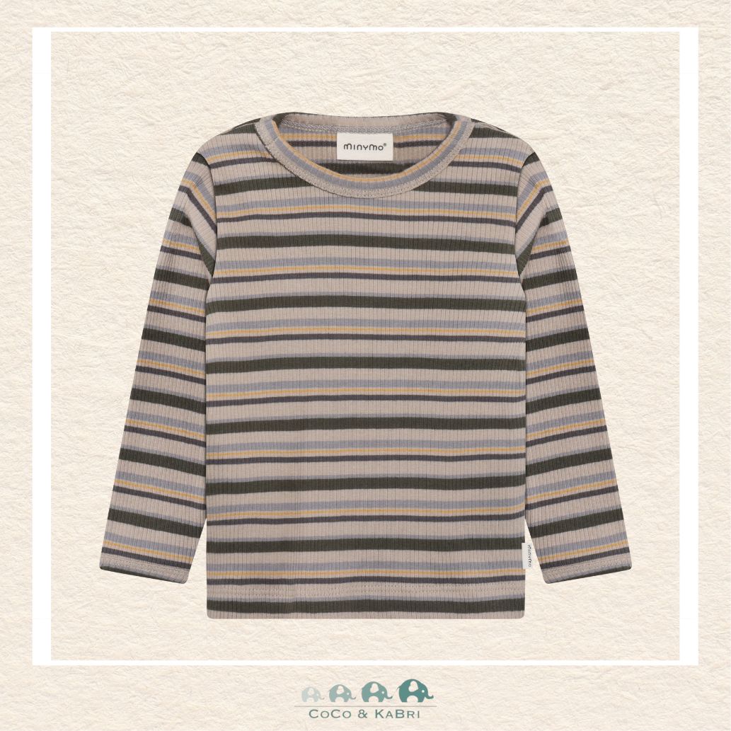 Front view of the Minymo Baby Boy Striped T-Shirt in Rib Beetle featuring a classic horizontal stripe pattern and a textured ribbed knit finish