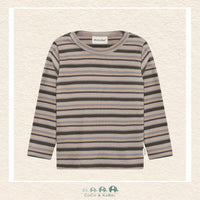 Front view of the Minymo Baby Boy Striped T-Shirt in Rib Beetle featuring a classic horizontal stripe pattern and a textured ribbed knit finish