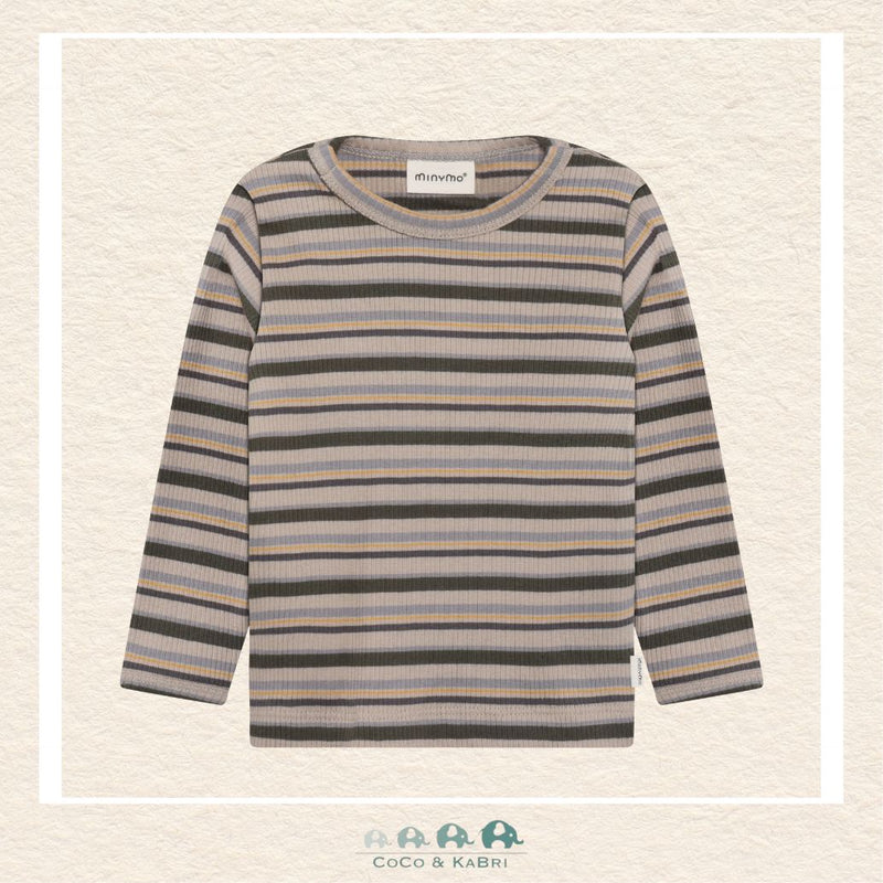 Front view of the Minymo Baby Boy Striped T-Shirt in Rib Beetle featuring a classic horizontal stripe pattern and a textured ribbed knit finish