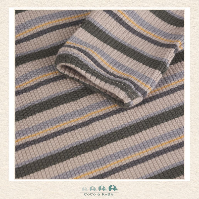 Close-up detail of the Minymo T-Shirt highlighting the earthy Beetle green stripes and the soft, breathable texture of the ribbed jersey