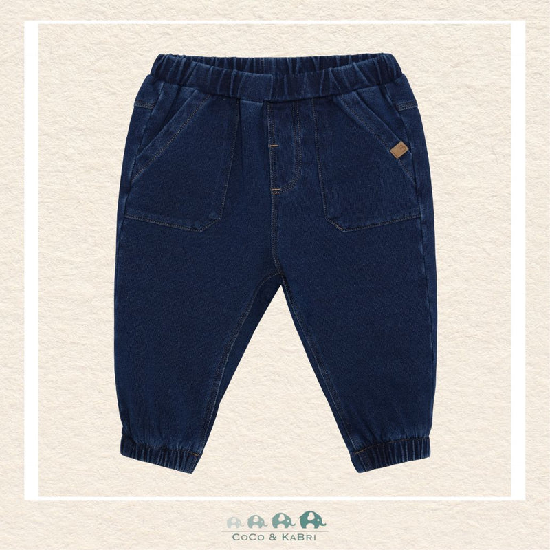 Front view of the Minymo Baby Boys Sweat Denim Pants featuring a classic indigo look with a soft elasticized waistband and a flexible cotton-stretch fit