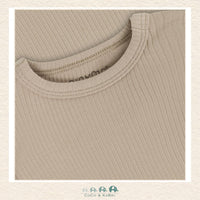 Close-up of the taupe bodysuit highlighting the premium vertical ribbing and the soft-touch stretch fabric designed for maximum comfort