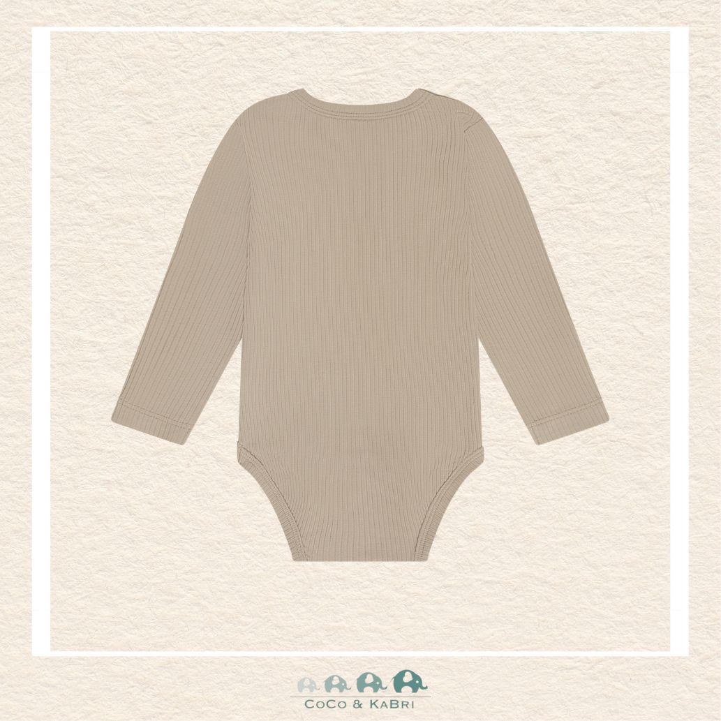 Flat lay of the Minymo Taupe Diaper Shirt demonstrating the modern neutral Earth-tone palette and the high-quality snap closures