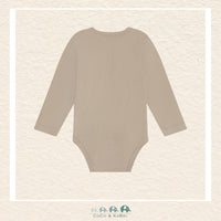 Flat lay of the Minymo Taupe Diaper Shirt demonstrating the modern neutral Earth-tone palette and the high-quality snap closures
