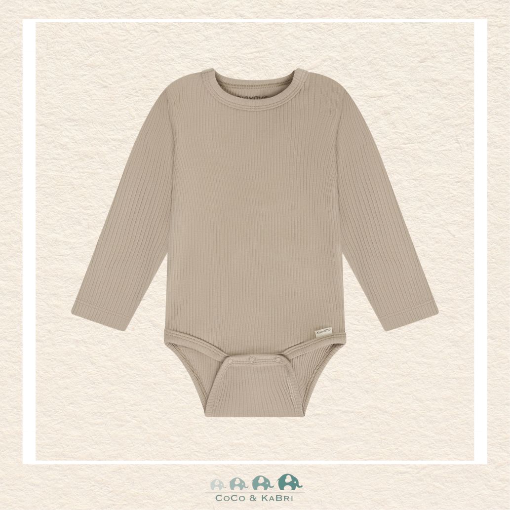 Front view of the Minymo Baby Boy Taupe Diaper Shirt featuring a sophisticated ribbed knit texture and an easy-access envelope neckline