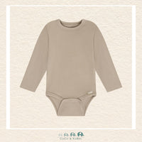 Front view of the Minymo Baby Boy Taupe Diaper Shirt featuring a sophisticated ribbed knit texture and an easy-access envelope neckline