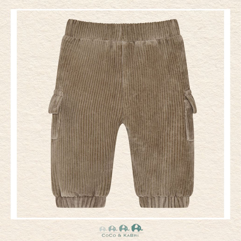 Back view of the baby cargo pants demonstrating the clean tailoring and the flexible, stay-put waistband for all-day comfort
