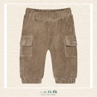 Front view of the Minymo baby boy cargo pants in a plush velour fabric featuring functional side pockets and a comfortable elastic waistband