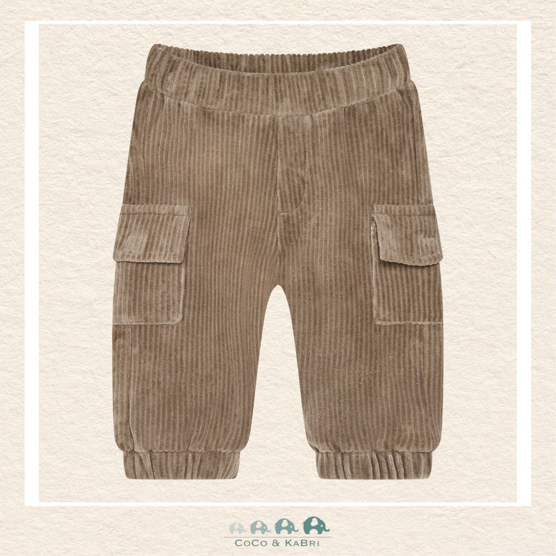 Front view of the Minymo baby boy cargo pants in a plush velour fabric featuring functional side pockets and a comfortable elastic waistband
